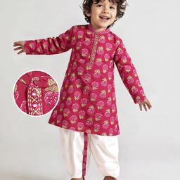 Babyhug Cotton Woven Full Sleeves Kurta Dhoti Set With Floral Print - Fuchsia-image-92