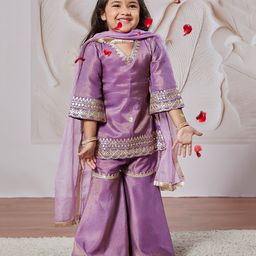 Vastramay Tissue Three Fourth Sleeves Sequins & Lace Embellished Kurta Sharara With Dupatta Set - Lavender-image-20