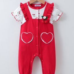 Mark & Mia Half Sleeves Cherry Printed Romper With Lace Detailing & Crochet Applique - Red-image-33