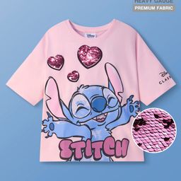 Pine Kids Disney Terry Knit Half Drop Shoulder Sleeves Oversized T-Shirt with Stitch Graphic & Reversible Sequins Detailing - Pink-image-2
