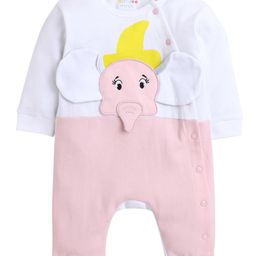 BUMZEE Interlock Woven Full Sleeves Romper With Elephant Applique - Off White & Pink-image-42