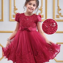 Mark & Mia Woven Puffed Sleeves Party Dress with Sequin Bow Applique & Crochet Detailing - Maroon-image-14