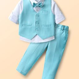 Mark & Mia Cotton Woven Full Sleeves Striped 3 Piece Party Suit with Bow - Aqua Blue-image-52