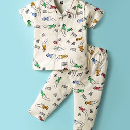 Evimo Single Jersey Knit Half Sleeves Co-Ord Night Suit With Car Print - Off White-image-53