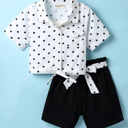 CrayonFlakes Cotton Knit Half Sleeves Polka Dots Printed Shirt Style Top & Belted Shorts Set - Off White-picture-25