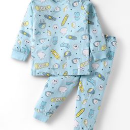 CUCUMBER Sinker Knit Full Sleeves Co-Ord Night Suit with Whimsical Print - Light Blue-image-82