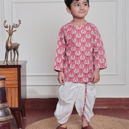 Polka Tots Cotton Woven Full Sleeves Bird Printed Kurta With Coordinating Dhoti Set - Pink-image-8