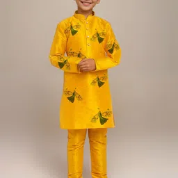 DEVOILER Boys Conversational Printed Mandarin Collar Dupion Silk Straight Kurta image 1
