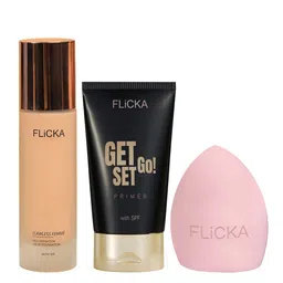 FLiCKA 3Pcs Makeup Combo - Flawless Femme Foundation + Get Set Go Primer & Beauty Blender-49