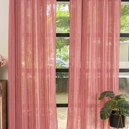 URBAN SPACE Pink & White 2 Pieces Striped Sheer Long Door Curtain-picture-45