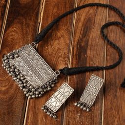 VENI 92.5 Silver-Plated Oxidised Necklace with Earrings-image-35