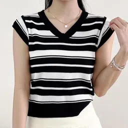 KPOP Women V-Neck Short Sleeves Horizontal Stripes Casual Top-image-20