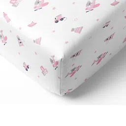 The White Cradle Pink & White Cartoon Characters Printed Cotton Fitted 120 TC Crib Sheet-15
