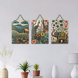 ArtVibes 3-Pcs Green & Beige Whimsical Wilderness Printed Wooden Wall Hanging Decor-image-67