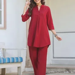Janasya Women's Maroon Cotton Solid A-Line Co-Ord Set-image-70