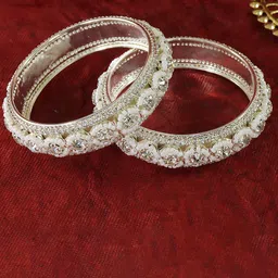 ZULKA Set Of 2 Silver-Plated CZ & AD Stone Studded Pearls Beaded Bangles-picture-13