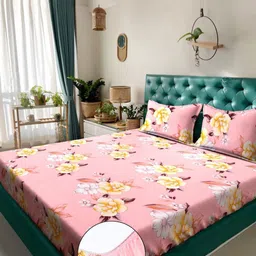 KLOTTHE Pink & Yellow Floral Printed 300 TC Double Bedsheet Set 2.50 x 2.25 m-44