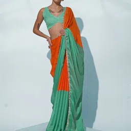 Kalista Colourblocked Mirror Work Pure Chiffon Saree-image-25