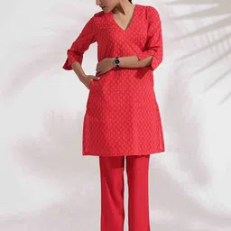 trueBrowns V-Neck Pure Cotton Tunic With Trousers-image-77