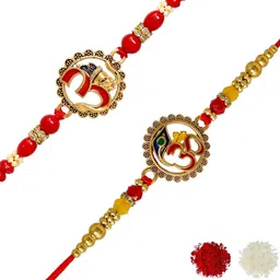 MEIRA JEWELLERY Set Of 2 Om Design Rakhis With Greeting Card & Roli Chawal-6