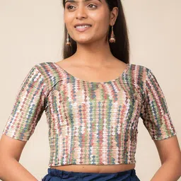 Bindigasm's Advi Printed Velvet Zari Stripes Stretchable Slip On Saree Blouse-picture-24