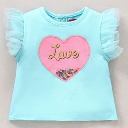 Babyhug Half Sleeves Tee With Heart Applique Sequins and Mesh Frill Detailing - Blue-14