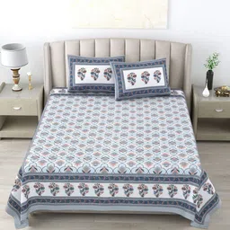 Wayne Martin White & Blue Floral 300 TC Pure Cotton King Bedsheet With 2 Pillow Covers-picture-33