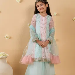 pspeaches Girls Ethnic Motifs Embroidered Angrakha Sequinned Kurta with Sharara & With Dupatta-picture-55