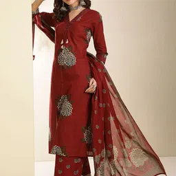 Sangria Floral Printed Pure Cotton V-Neck Straight Kurta With Trouser & Dupatta-picture-5