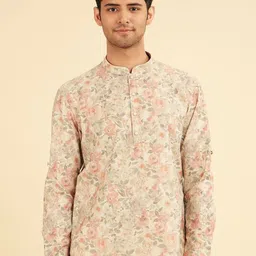Manyavar Men Floral Printed Mandarin Collar Cotton Short Kurta-picture-33