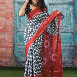Craft Musium Geometric Printed Pure Cotton Block Print Saree With Unstitched Blouse Piece-picture-23