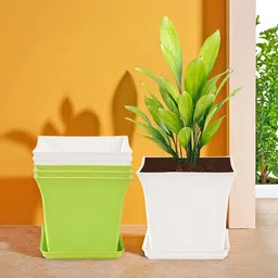 Kuber Industries 6-Pcs Green & White Premium Flower Pots for Garden withBottomPlates-84