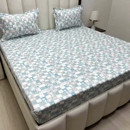 Pure Decor Blue & White Geometric 300 TC Queen Bedsheet with 2 Pillow Covers-image-96