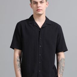 StitchX Men Standard Fit Cuban Collar Textured Cotton Casual Shirt-image-58