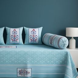 UrbanArts Set Of 6 Blue & White Printed Pure Cotton Diwan Set-image-55