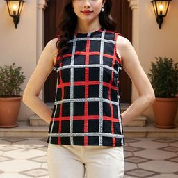 SZN Women Black Checked Sleeveless Crepe Top-picture-44