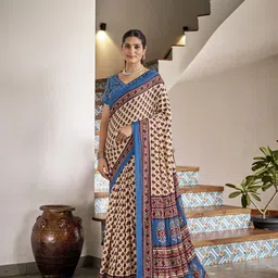 RV CREATION Ajrak Printed Pure Cotton Bagru Saree-24
