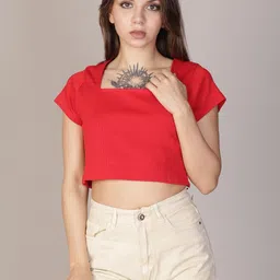 LIMEROAD Women Western Solid Rib Square Neck Cotton Top-image-36