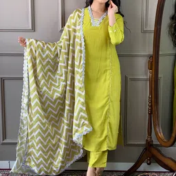 JAPNAAM Embroidered V Neck Panelled Kurta With Trousers & Dupatta-picture-57