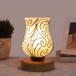 Aura White & Gold-Toned Textured Abstract Shaped Glass Table Lamp With Wooden Base-picture-36