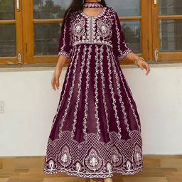 KALINI Women Geometric Printed Keyhole Neck Flared Sleeves Thread Work Georgette Kurta-image-72