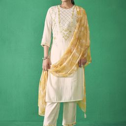 Anouk Yellow Floral Embroidered Chanderi Silk Straight Kurta With Trousers & Dupatta-44