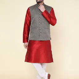 W & G Mandarin Collar Straight Kurta with Churidar & Nehru Jacket-image-99