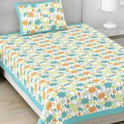DE CAMA Blue Floral Cotton 210 TC Single Bedsheet with 2 Pillow Covers 152 x 229 cm-image-8