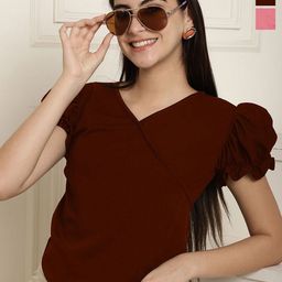 Metronaut Women Pack Of 2 V-Neck Puff Sleeve Regular Top-image-89