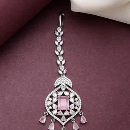 ZENEME Rhodium-Plated American Diamond Studded Maang Tikka Head Jewellery-7