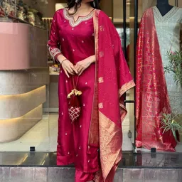 HERE&NOW Women Ethnic Motifs Embroidered Regular Chanderi Silk Kurta with Trousers & With Dupatta-picture-26