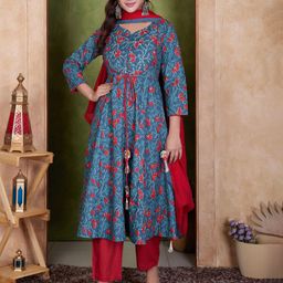 BulBul Floral Printed Panelled Pure Cotton Anarkali Kurta With Palazzo & Dupatta-30