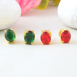 MEMOIR Set Of 2 Gold Plated Ruby & Emerald Studded Oval Shape Studs Earrings-35
