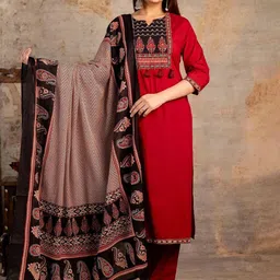 KALINI Yoke Design Notch-Neck Thread Work Pure Cotton Kurta With Trousers And Dupatta-picture-3